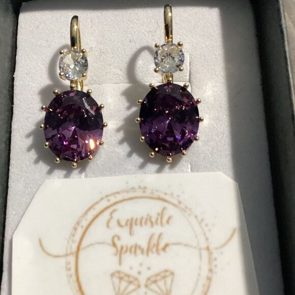 💜Elegant 10k Gold Vermeil Oval Cut Purple Amethyst Cz Diamond Hook Drop Earrings - Picture 15 of 16